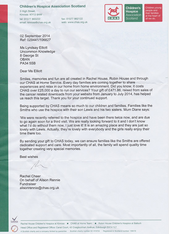 Thank you letter from CHAS on September 2014