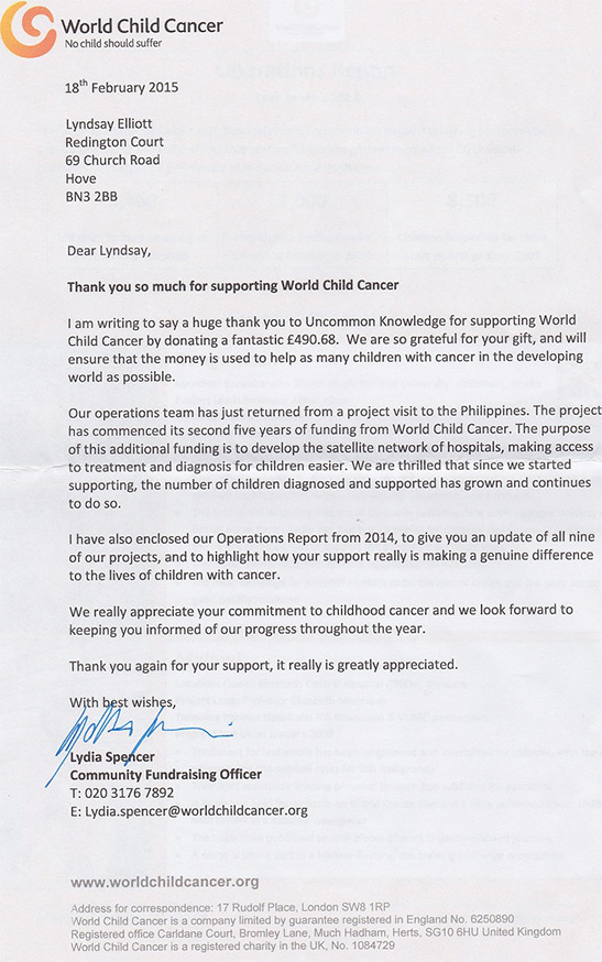 Thank you from World Child Cancer on February 2015