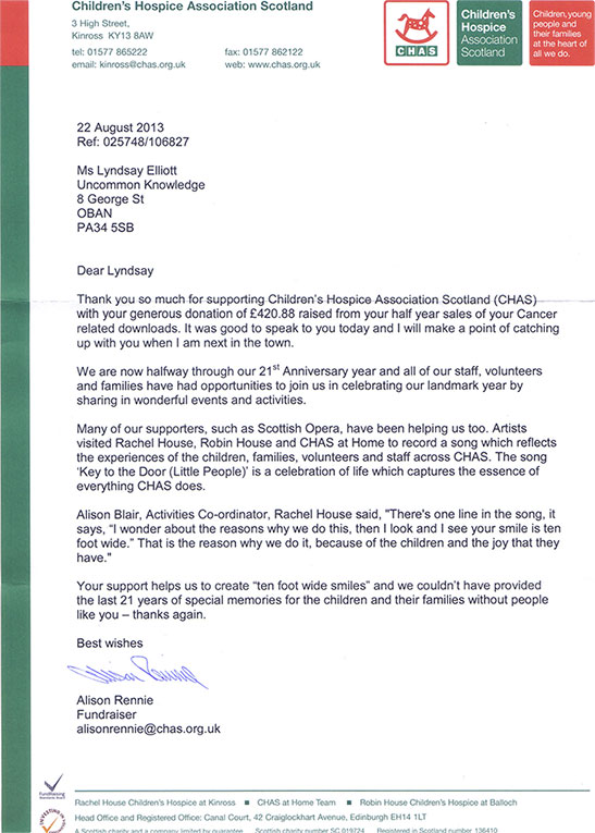 Thank you letter from CHAS on August 2013