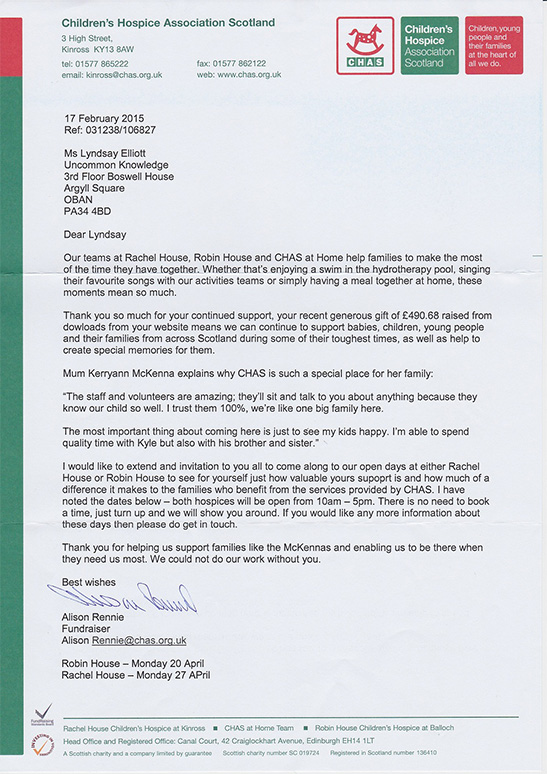 Thank you letter from CHAS on February 2015