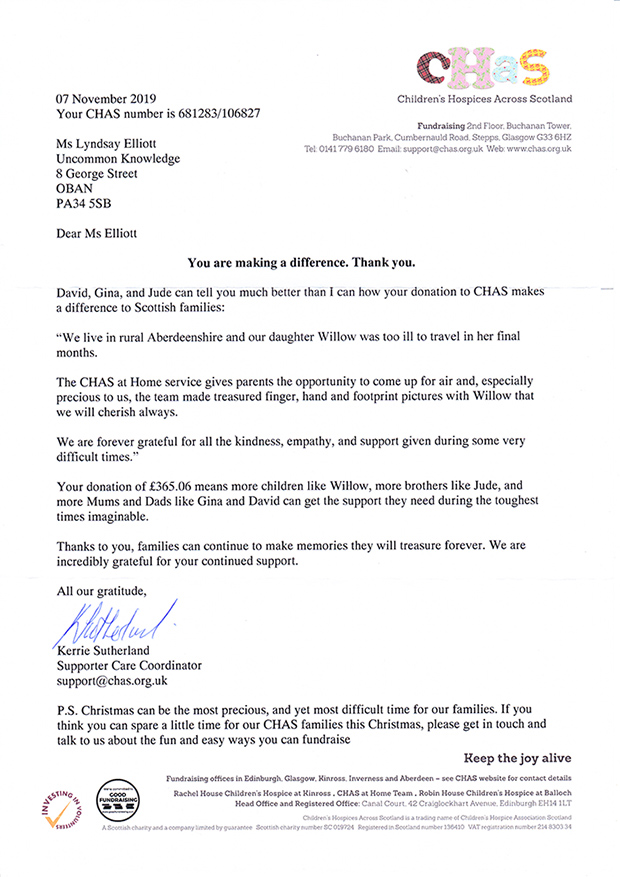Thank you letter from CHAS on November 2019