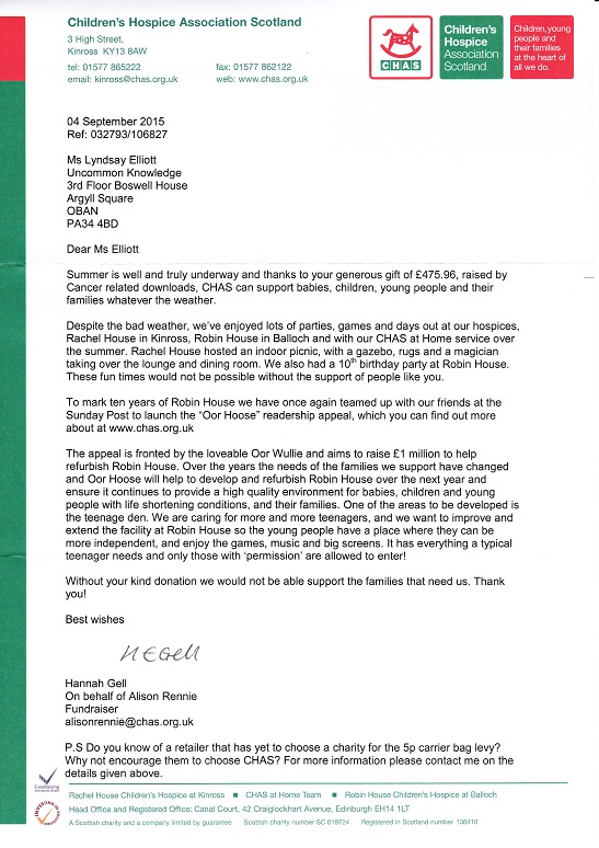 Thank you letter from CHAS on September 2015
