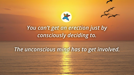 You can't get an erection just by consciously deciding to. The unconscious mind has to get involved.